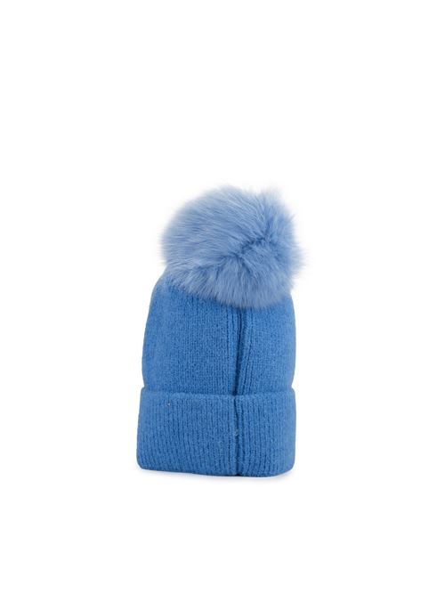 Cappello in maglia con pon pon in volpe azzurro YES LONDON | CP VAZZURRO